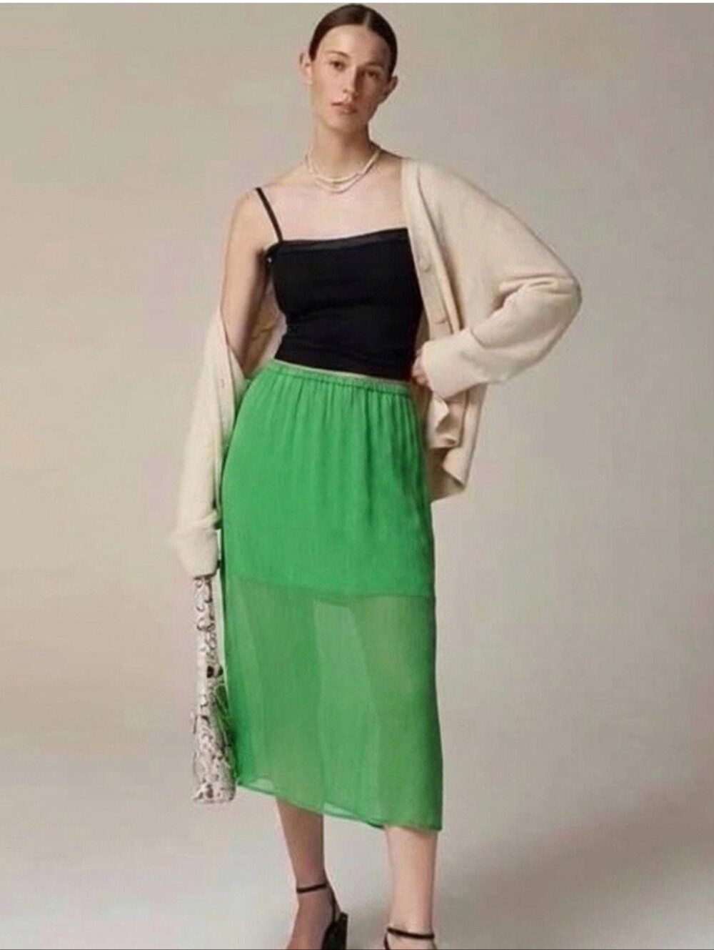 J. Crew Sheer Gwenyth Crinkle Layered Green Midi Skirt